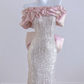 Light pink off-the-shoulder neckline with silver sequins, fitted waist, bodycon silhouette, sexy long ball gown R8276