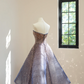 Dark blue strapless sequined midi ball gown with a cinched waist and full skirt R8509