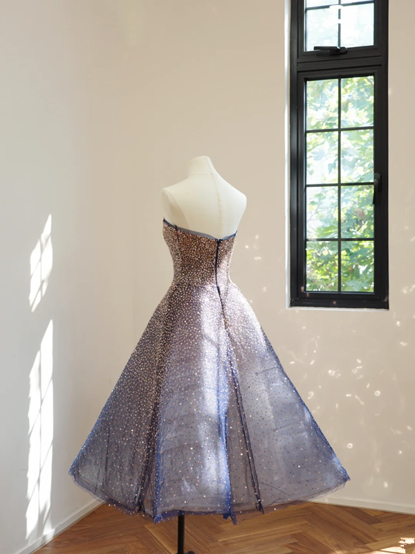 Dark blue strapless sequined midi ball gown with a cinched waist and full skirt R8509