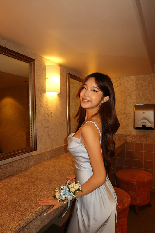 Light gray-blue halter-neck satin sexy prom dress R7525