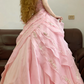 Pink Spaghetti-Strap Waist-Cinched Puffball Princess Skirt Ball Gown, Bridal Gown R7337