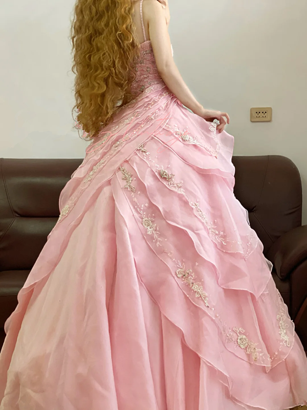 Pink Spaghetti-Strap Waist-Cinched Puffball Princess Skirt Ball Gown, Bridal Gown R7337