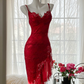 Sexy red halter-neck, fitted, asymmetrical skirt ball gown R7681