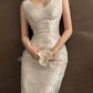 White V-neck sequin waist-cinched slim-fit bodycon long prom dress R7952