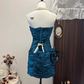 Dark blue tube top waist pleated slim hip sexy short skirt homecoming dress R4304
