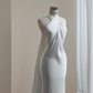 White halter neck slim waist hip-hugging elegant fishtail skirt, prom dress R5646