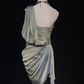 Light gray tube top pleated waist satin hip-length asymmetrical skirt homecoming dress R4995