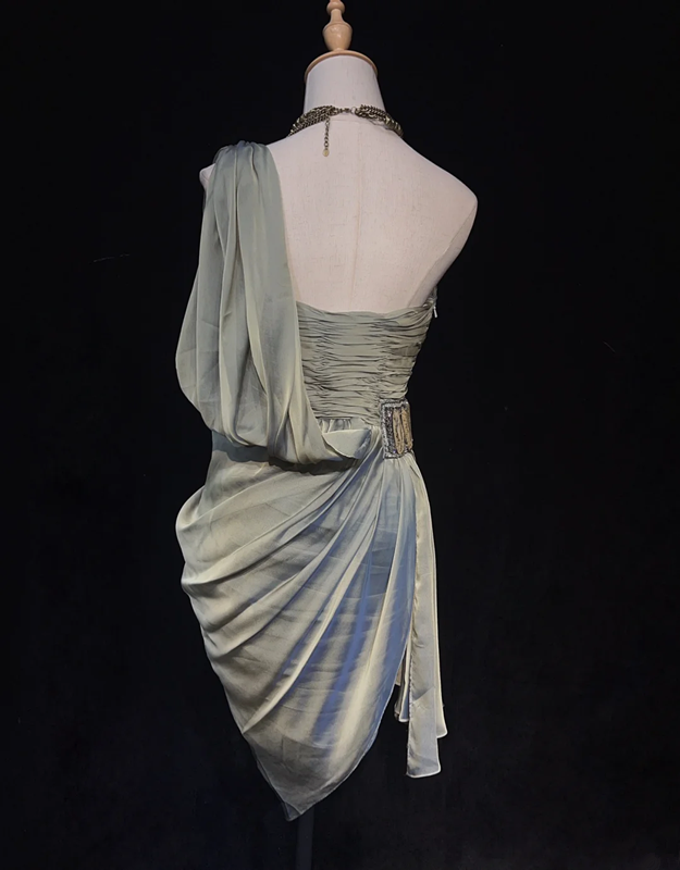 Light gray tube top pleated waist satin hip-length asymmetrical skirt homecoming dress R4995