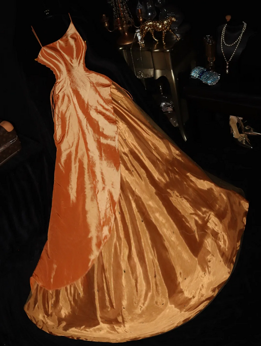Orange satin halter-neck fitted long ball gown R6845