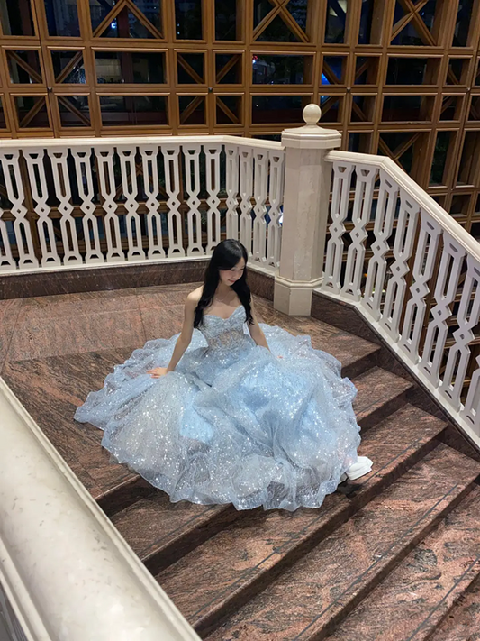 Light blue strapless, fitted waist, full skirt long ball gown R8367