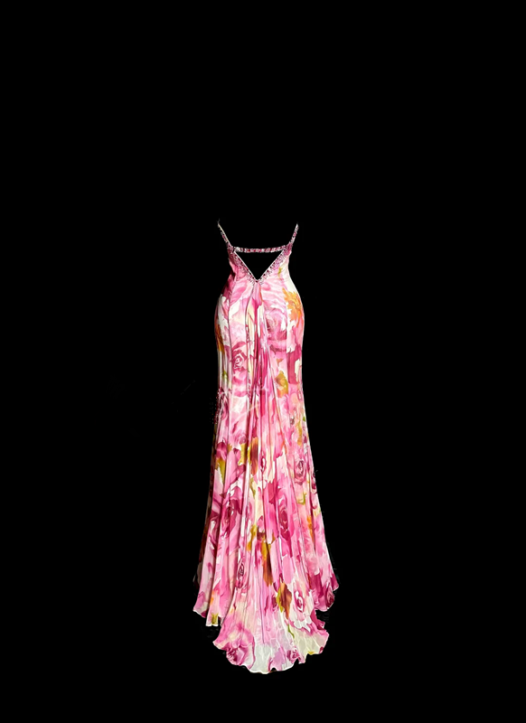 Pink strapless floral print fitted pleated sexy ball gown R6646