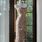 Champagne pink halter neck fitted waist sequined long ball gown R7640