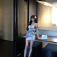 Navy blue printed one-shoulder waist slim hip skirt homecoming dress R5075