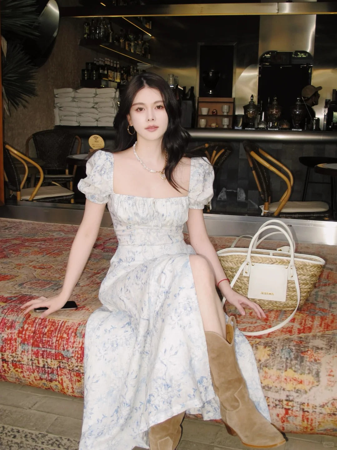 Blue Floral Square Neck Puff Sleeve Midi Dress R9121