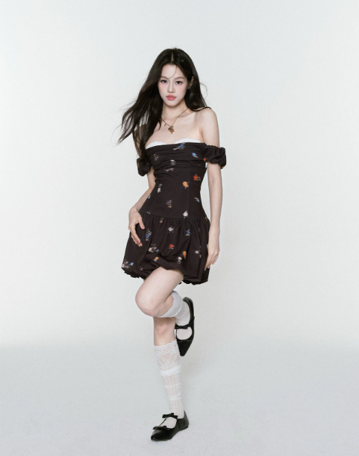 Brown Floral Print Off The Shoulder Mini Dress With Lace Trim And Bubble Skirt R9434