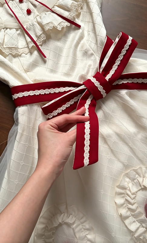Lolita Style Round Neck A-Line Dress with Lace Ruffles & Red Bow Detail R9145