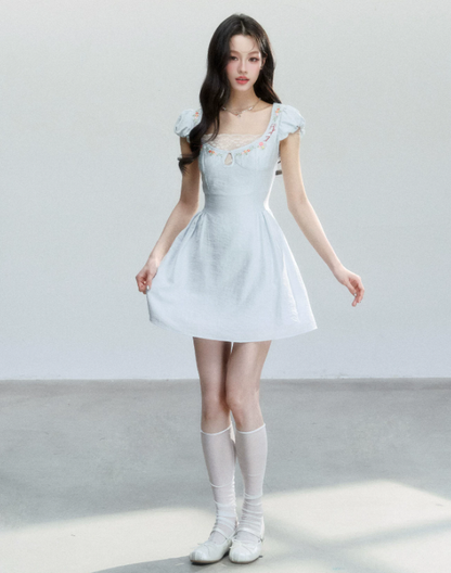 Light Blue Floral Embroidered Mini Dress Women With Lace Trim And Puff Sleeves R9414