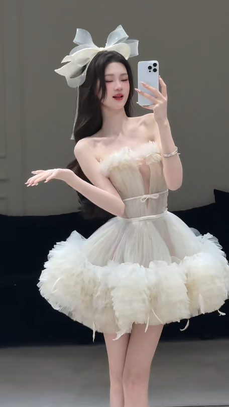 White tube top waist slim fit puffy princess skirt homecoming dress R4224