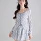 Fresh Blue Plaid 3-Piece Outfit, Women's Long Sleeve Bow Detail Top with Cami and Mini Skirt R9338