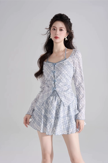 Fresh Blue Plaid 3-Piece Outfit, Women's Long Sleeve Bow Detail Top with Cami and Mini Skirt R9338