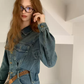 Washed Denim Mini Dress with Open Back and Long Sleeves R9212