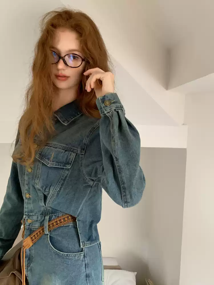 Washed Denim Mini Dress with Open Back and Long Sleeves R9212