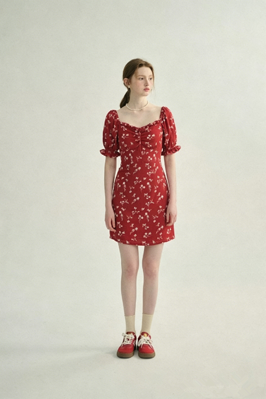Red Floral Print Mini Dress Women With Puff Sleeves And Square Neck R9483