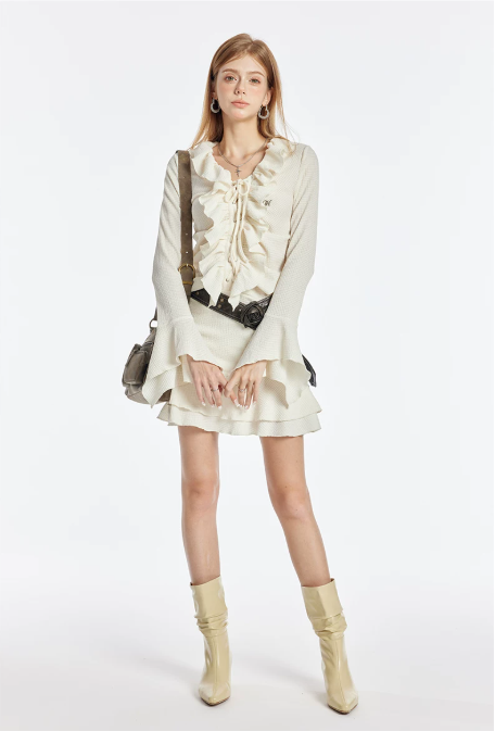 Cream White Ruffle Lace Up Long Sleeve Mini Dress Women Fall High Waist French Style R9387