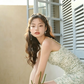 Green Floral Print Cami Dress Women With Pearl Straps And Ruched Bodycon R9454
