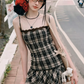 Brown Plaid Cami Mini Dress With Lace Trim And Pleated Skirt R9285