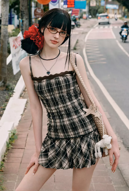 Brown Plaid Cami Mini Dress With Lace Trim And Pleated Skirt R9285