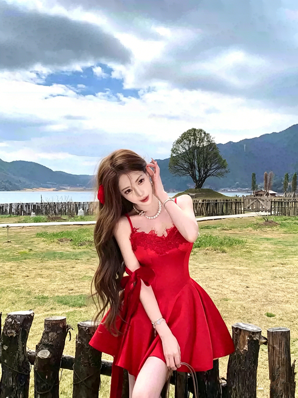 Red Lace Trim Cami Dress with Flowy Bow Strap R9166