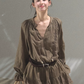 Bohemian Style White/Olive Green V-Neck Long Sleeve Mini Dress with Waist Tie R9362