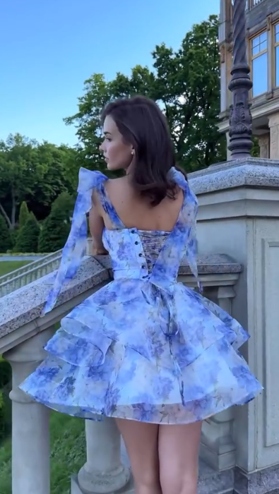 Blue floral halter waist puffy princess skirt homecoming dress R5436