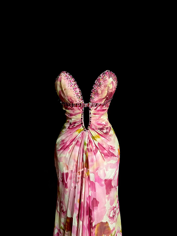 Pink strapless floral print fitted pleated sexy ball gown R6646