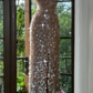 Champagne pink halter neck fitted waist sequined long ball gown R7640