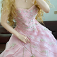 Pink Spaghetti-Strap Waist-Cinched Puffball Princess Skirt Ball Gown, Bridal Gown R7337