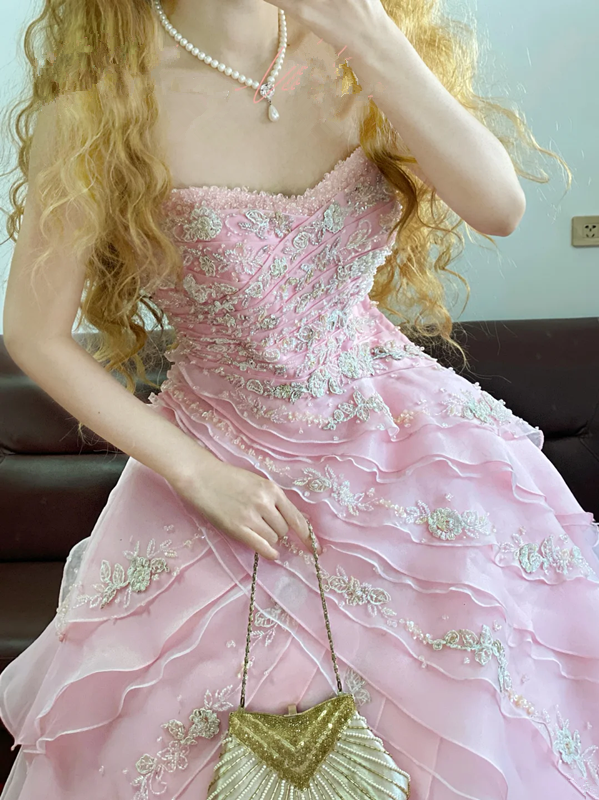 Pink Spaghetti-Strap Waist-Cinched Puffball Princess Skirt Ball Gown, Bridal Gown R7337