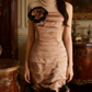 Champagne pink strapless fitted waist slim-fitting three-dimensional floral sexy short ball gown R6726