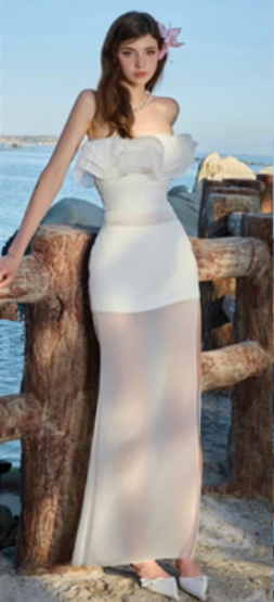 White ruffled neckline one shoulder waist slim sexy mid-length skirt homecoming dress R4586