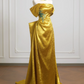 Gold off-shoulder fitted waist long elegant and sexy ball gown R8226