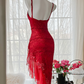 Sexy red halter-neck, fitted, asymmetrical skirt ball gown R7681
