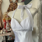 White halterneck satin waist slim mermaid maxi ball gown R6207