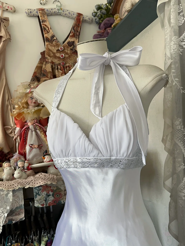 White halterneck satin waist slim mermaid maxi ball gown R6207