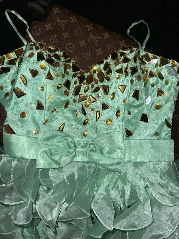 Light green halter-neck fitted ball gown with an asymmetrical hem R7045