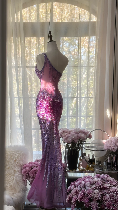 Purple one-shoulder sexy fitted waist bodycon long ball gown R7721