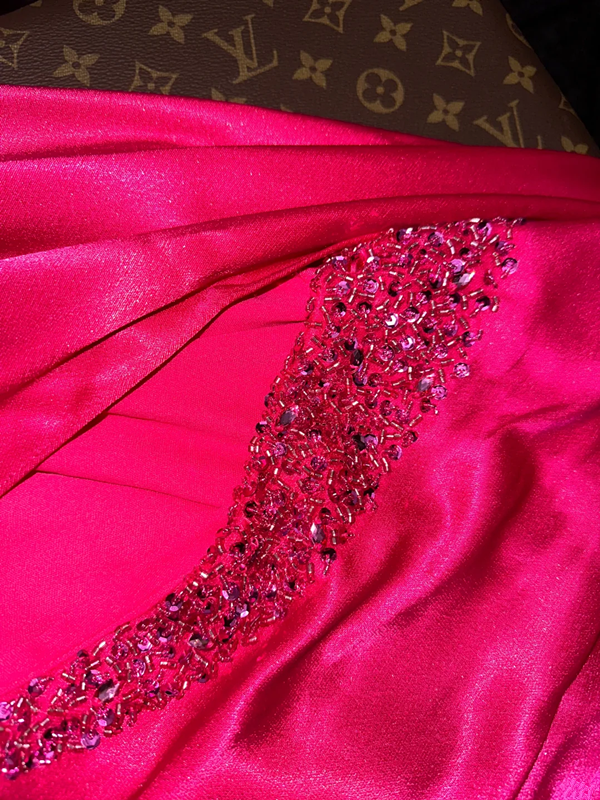 Pink strapless fitted satin elegant long ball gown R6406