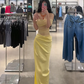 Light yellow off-the-shoulder waist-cinching sexy long prom dress R7912