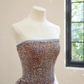 Dark blue strapless sequined midi ball gown with a cinched waist and full skirt R8509