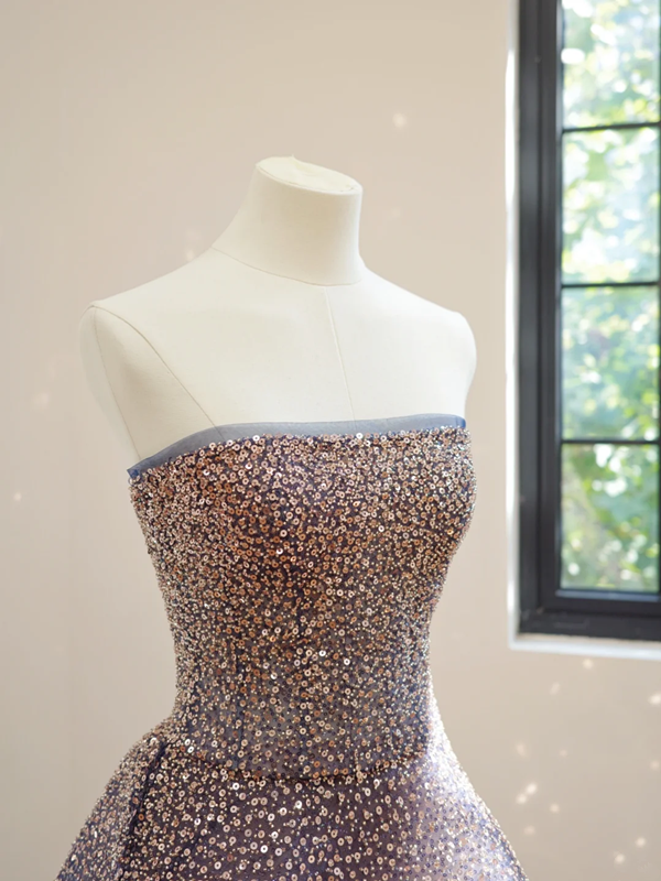 Dark blue strapless sequined midi ball gown with a cinched waist and full skirt R8509